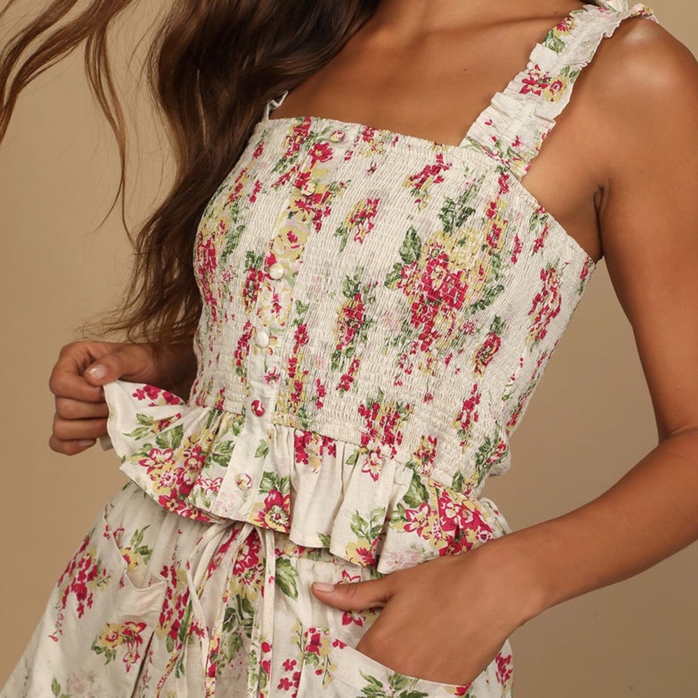 Blooming Views Beige Floral Print Ruffled Smocked Tank Top - Picture 3 of 5